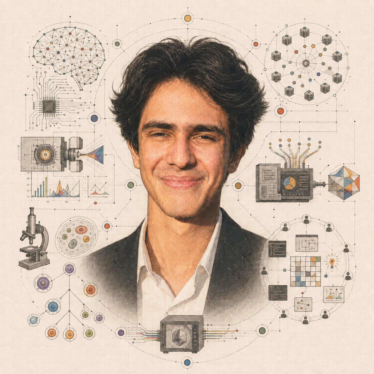 A stylized schematic portrait of Armando surrounded by symbols of neuroscience, software, financial intelligence, and stem-cell research.