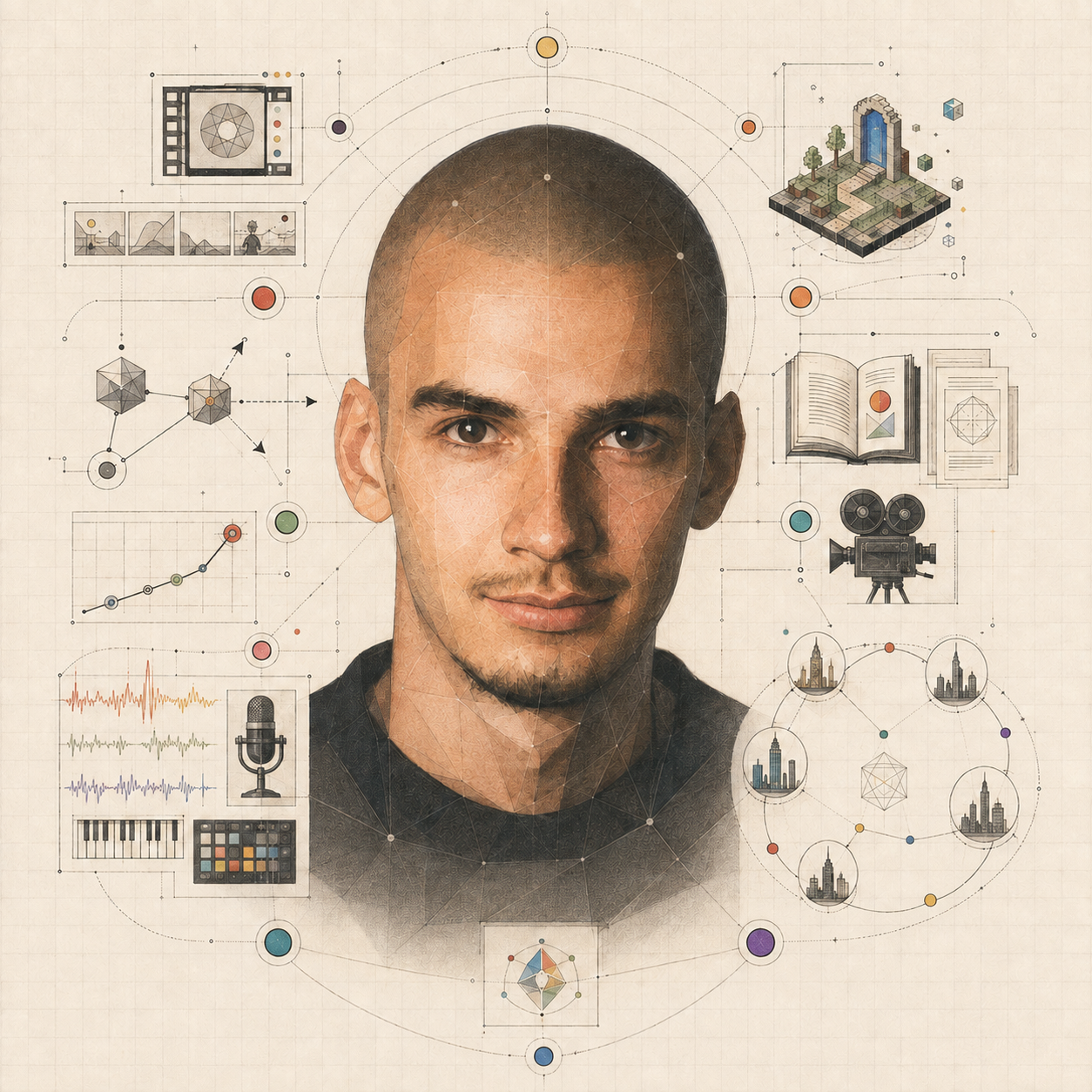 A stylized schematic portrait of Max smiling, surrounded by symbols of cinema, entrepreneurship, music, publishing, games, and world cities.
